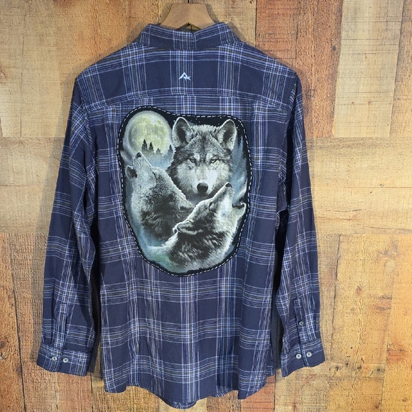 Upcycled Tops - Upcycled Plaid Button Down Shirt with Wolf Design